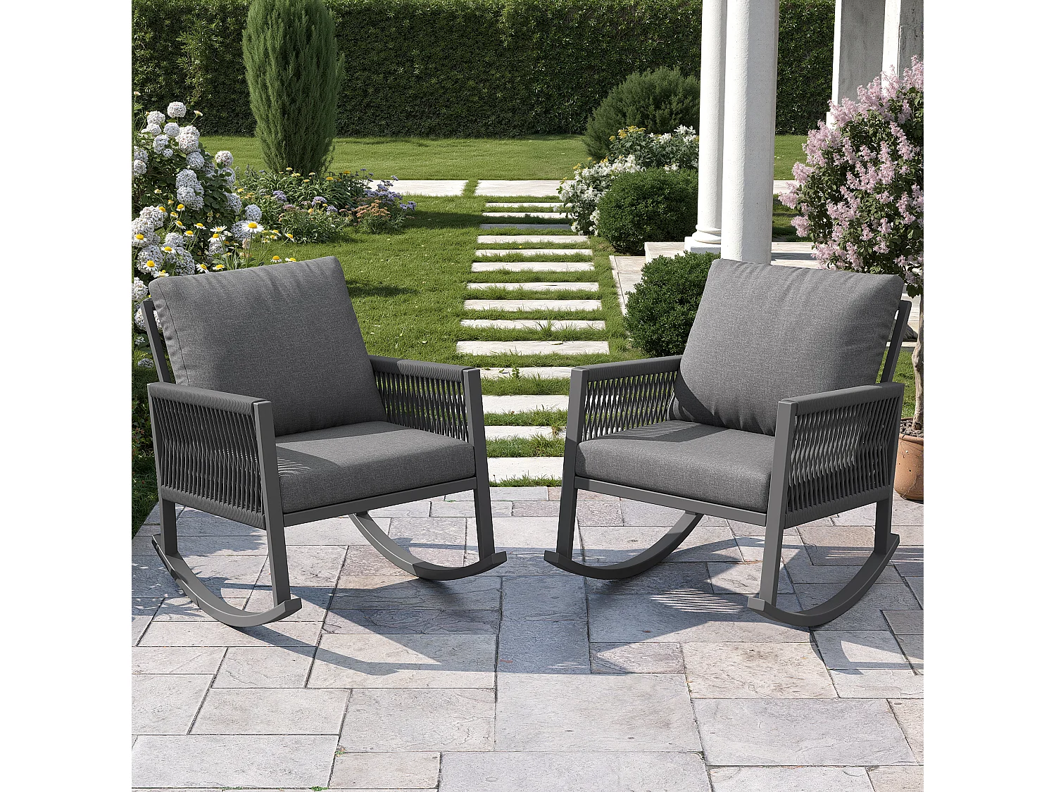 Fotel bujany ogrodowy - 65 x 79 x 78 cm - metalowa rama - z poduszkami - metal - szary