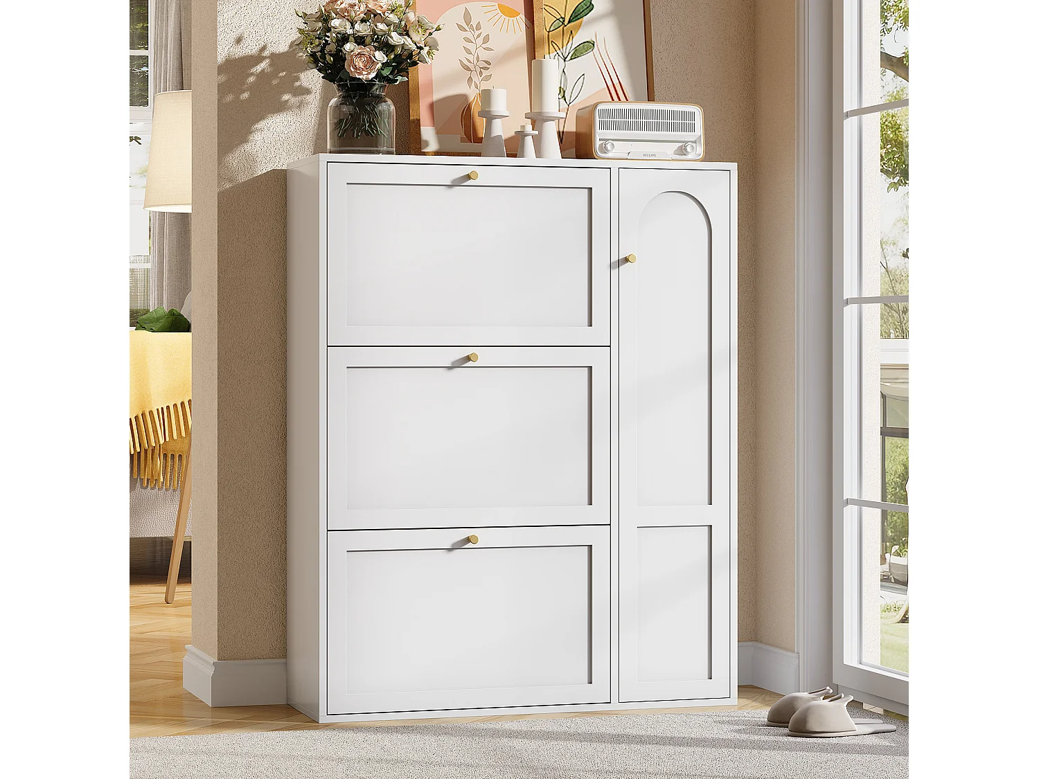 Meuble à chaussures pour entrée/salon - 90 x 25 x 114 cm - avec 3 compartiments + 1 porte - MDF + aggloméré - blanc