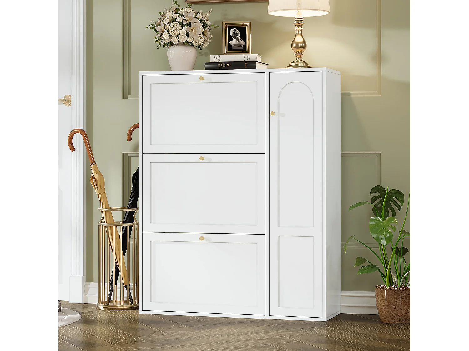 Meuble à chaussures pour entrée/salon - 90 x 25 x 114 cm - avec 3 compartiments + 1 porte - MDF + aggloméré - blanc