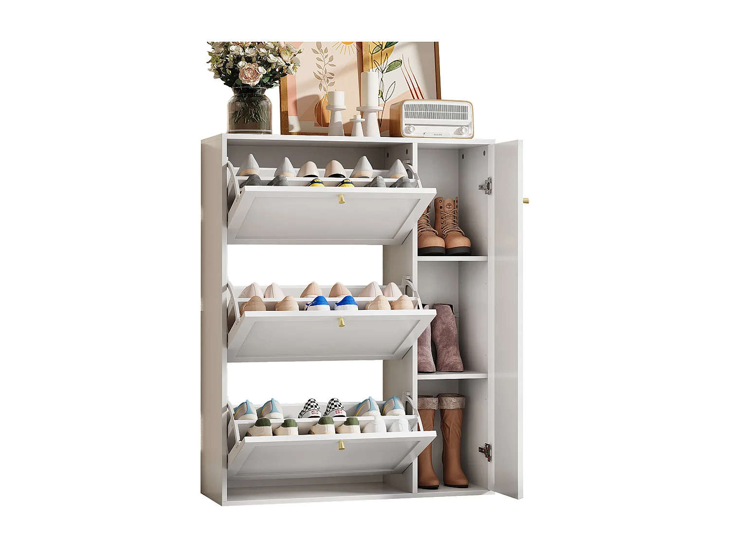Meuble à chaussures pour entrée/salon - 90 x 25 x 114 cm - avec 3 compartiments + 1 porte - MDF + aggloméré - blanc