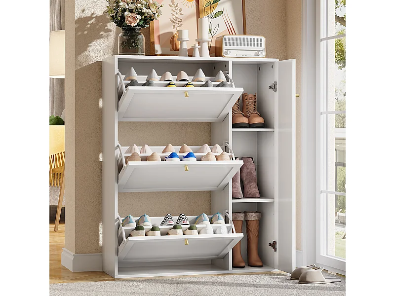 Meuble à chaussures pour entrée/salon - 90 x 25 x 114 cm - avec 3 compartiments + 1 porte - MDF + aggloméré - blanc