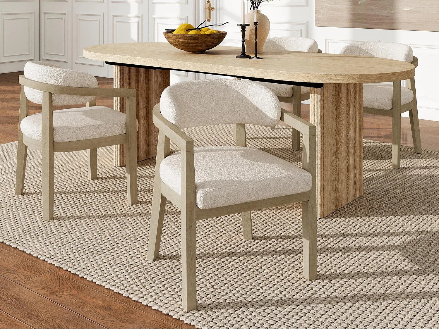 Kit di 4 sedie in legno massello - Schienale curvo - Con braccioli - Rivestimento in velluto bouclé - Naturale