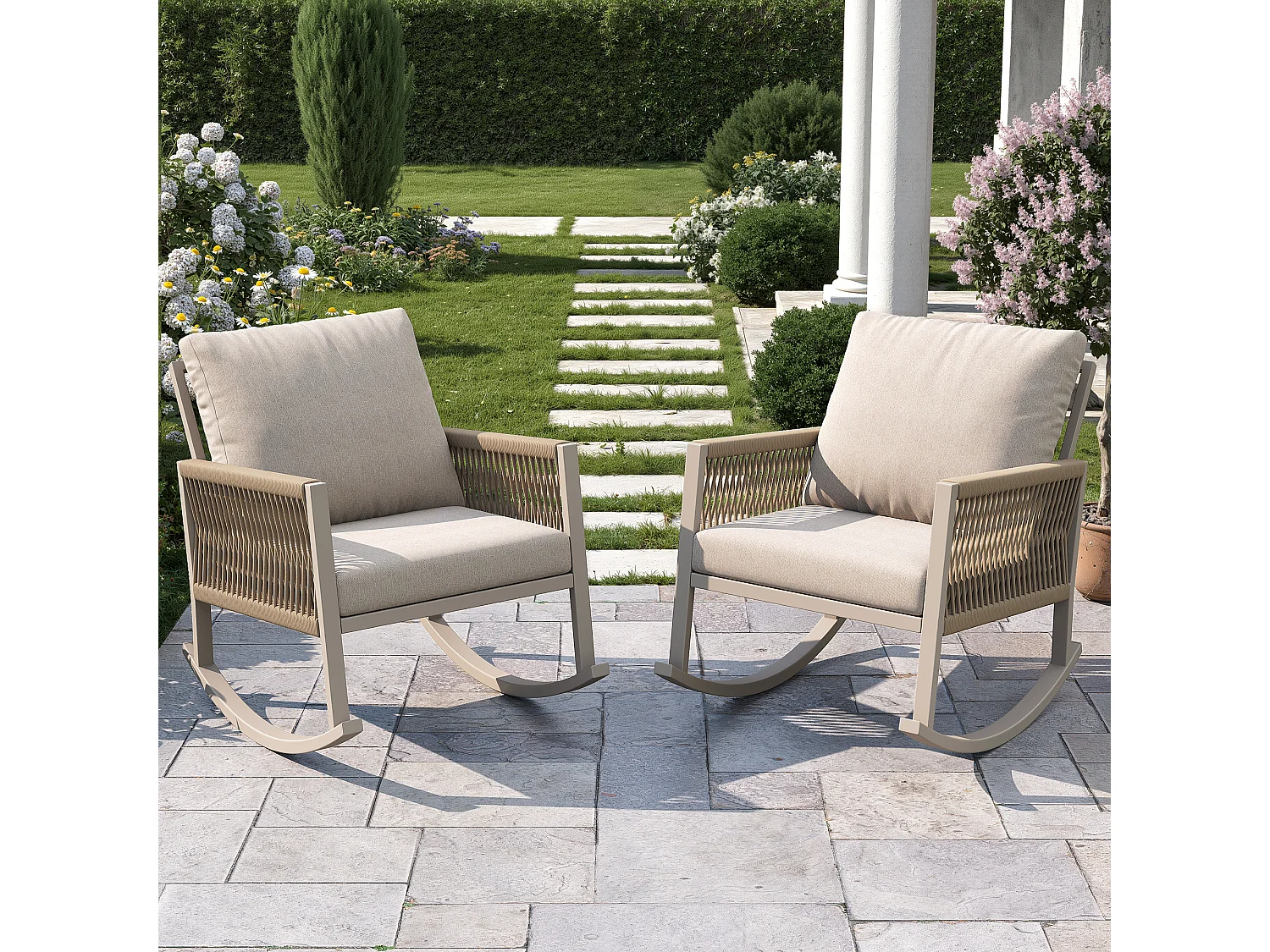 Fotel bujany ogrodowy - 65 x 79 x 78 cm - metalowa rama - z poduszkami - metal - beżowy