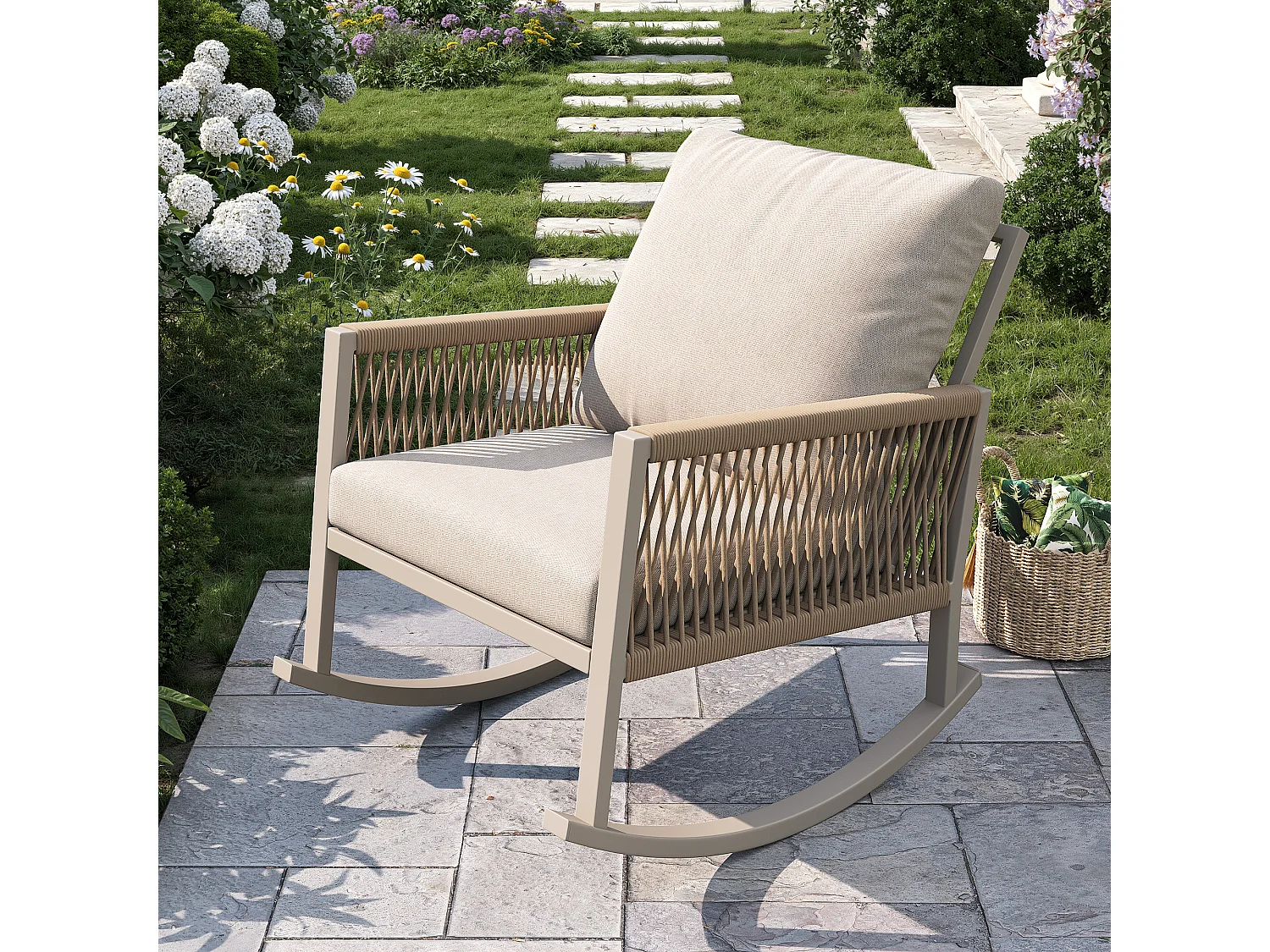 Fotel bujany ogrodowy - 65 x 79 x 78 cm - metalowa rama - z poduszkami - metal - beżowy