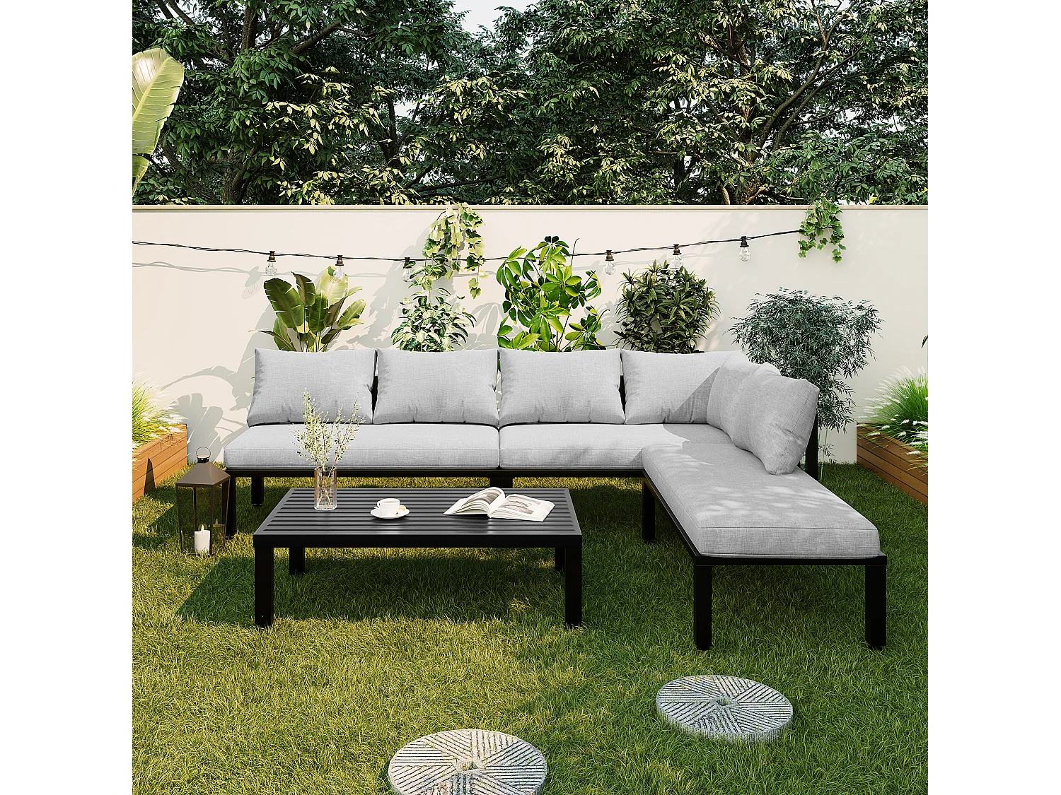 6-teiliges Gartenmöbelset – verzinktes Eisengestell – mit Rückenlehne, modularem Sofa und Tisch – grau