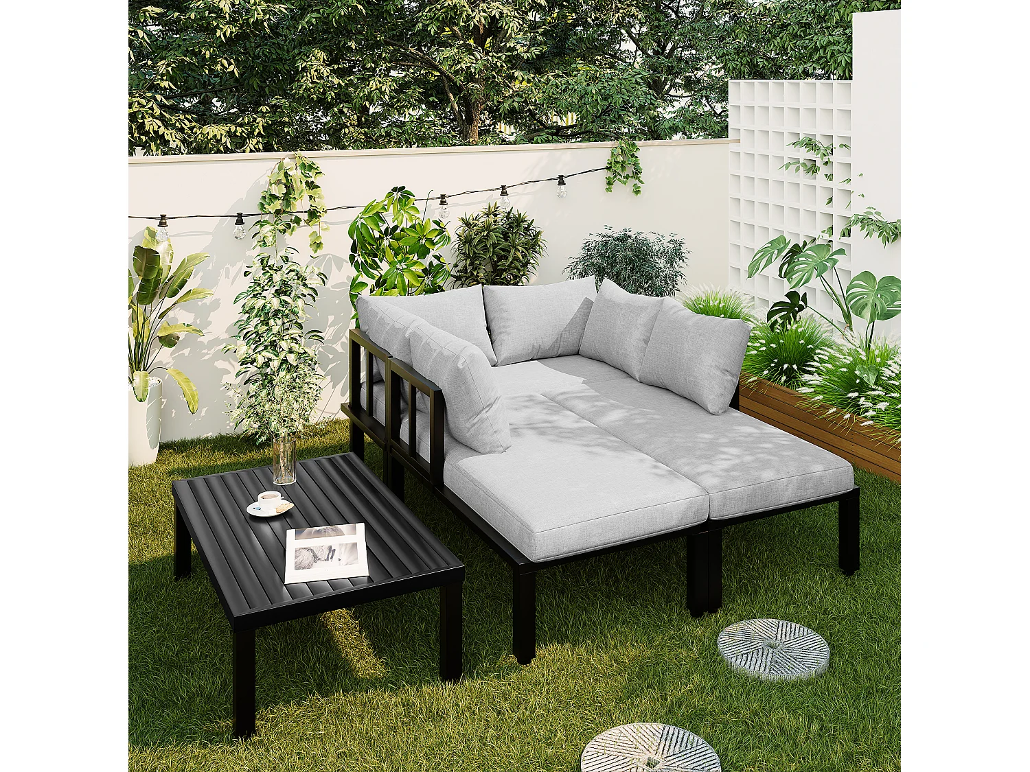 6-teiliges Gartenmöbelset – verzinktes Eisengestell – mit Rückenlehne, modularem Sofa und Tisch – grau