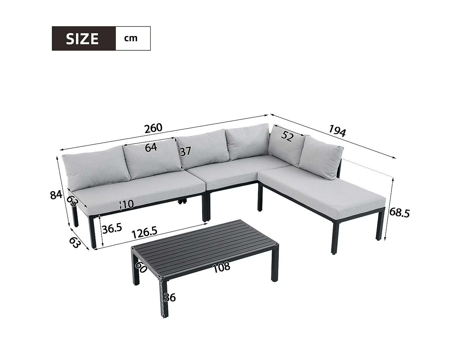 6-teiliges Gartenmöbelset – verzinktes Eisengestell – mit Rückenlehne, modularem Sofa und Tisch – grau