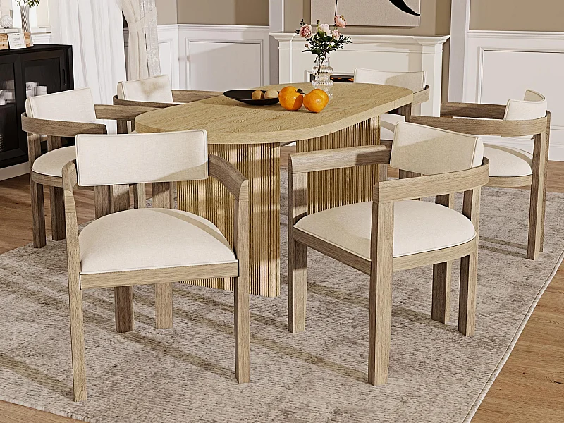 Satz mit 6 Massivholz-Stühlen mit Armlehnen - Gestell aus Massivholz - Bezug aus Leinen - natur