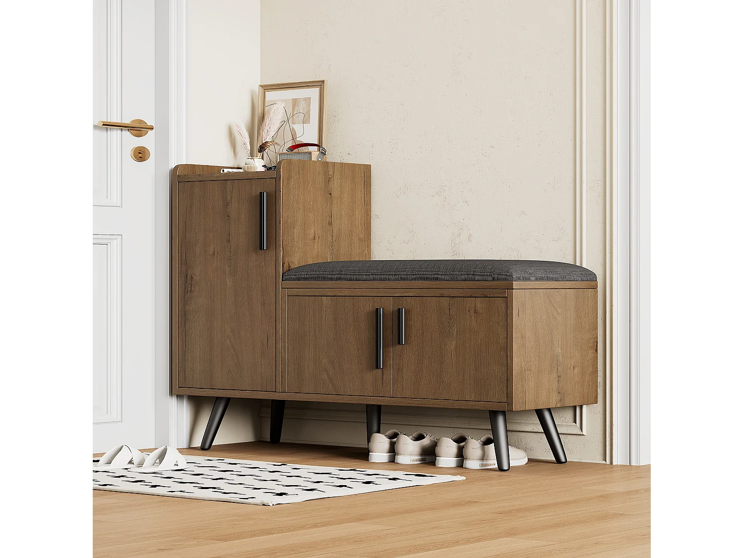 Moderne Schuhbank – 100 x 34 x 68,5 cm – mit 3 Türen und Kissen – Spanplatte – natur