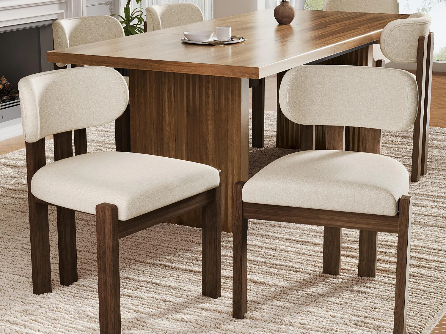 Satz mit 6 Massivholz-Stühlen - Moderner Stil - Bequeme Rückenlehne - Gestell aus Massivholz - Bouclé-Stoff - Braun