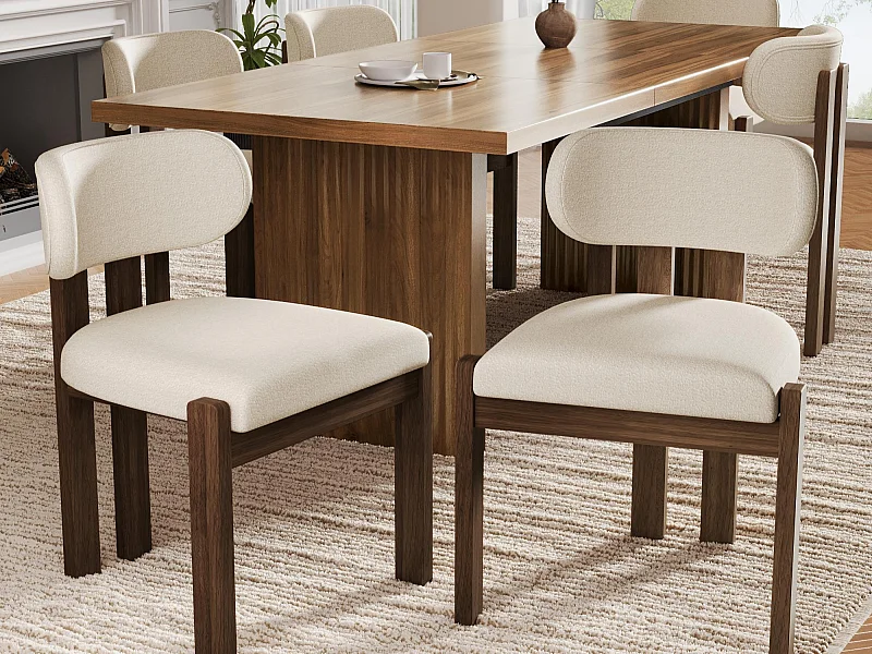 Satz mit 6 Massivholz-Stühlen - Moderner Stil - Bequeme Rückenlehne - Gestell aus Massivholz - Bouclé-Stoff - Braun