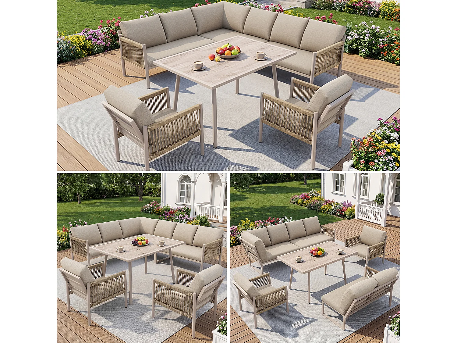 Ensemble salon de jardin 7-8 places - avec canapé d'angle + table + 2 fauteuils tressés à la main - métal - beige