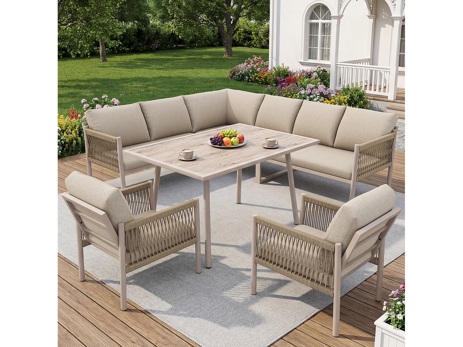 Ensemble salon de jardin 7-8 places - avec canapé d'angle + table + 2 fauteuils tressés à la main - métal - beige