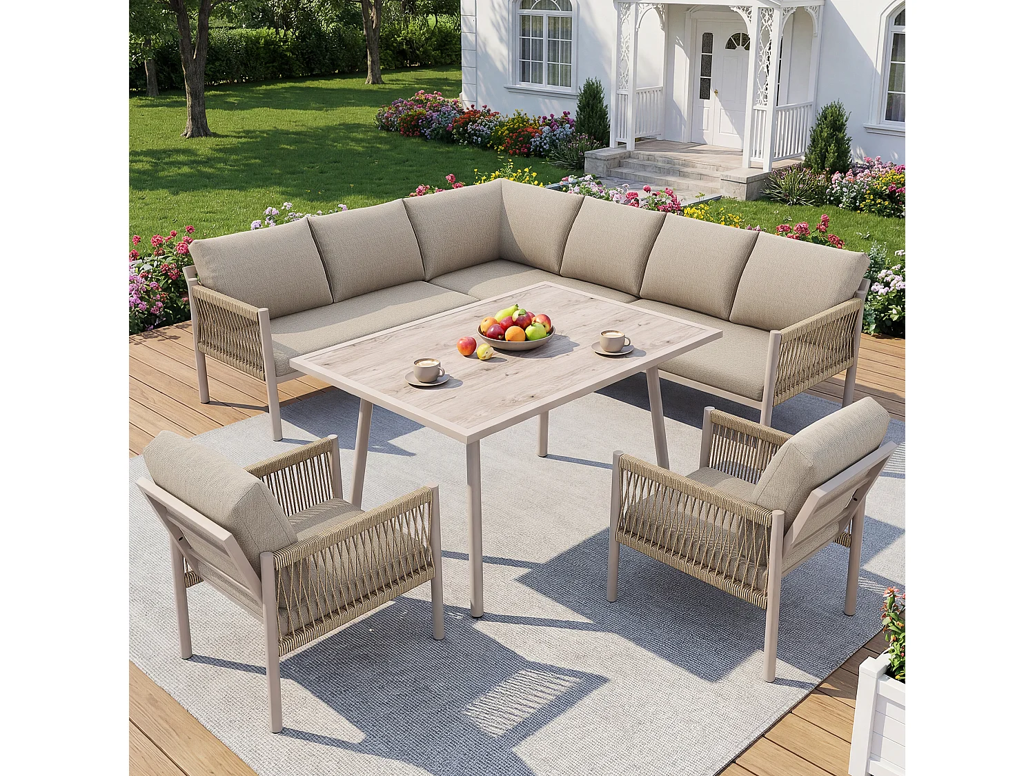 Ensemble salon de jardin 7-8 places - avec canapé d'angle + table + 2 fauteuils tressés à la main - métal - beige