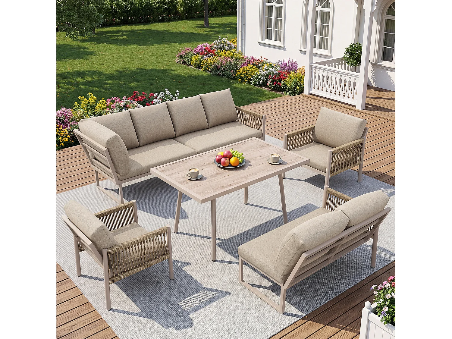 Ensemble salon de jardin 7-8 places - avec canapé d'angle + table + 2 fauteuils tressés à la main - métal - beige