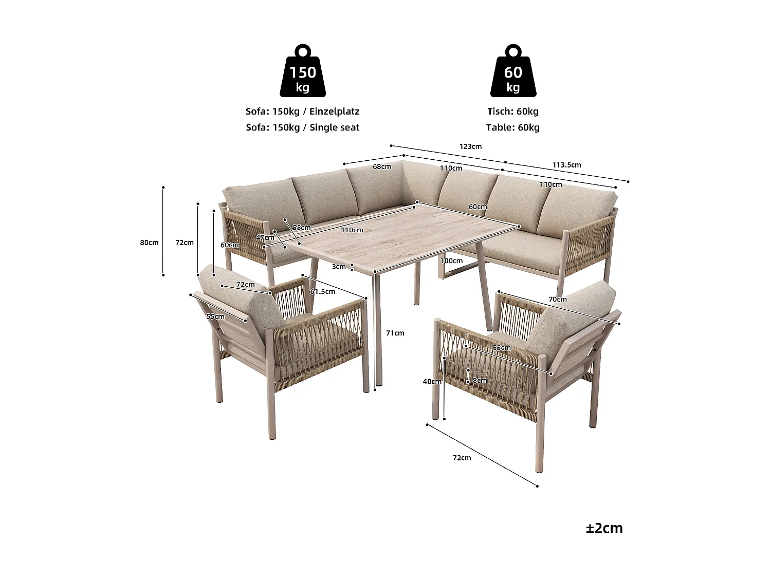 Ensemble salon de jardin 7-8 places - avec canapé d'angle + table + 2 fauteuils tressés à la main - métal - beige