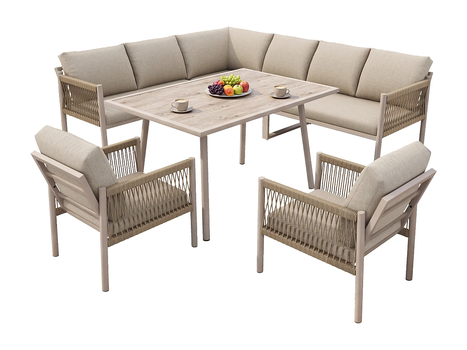 Ensemble salon de jardin 7-8 places - avec canapé d'angle + table + 2 fauteuils tressés à la main - métal - beige