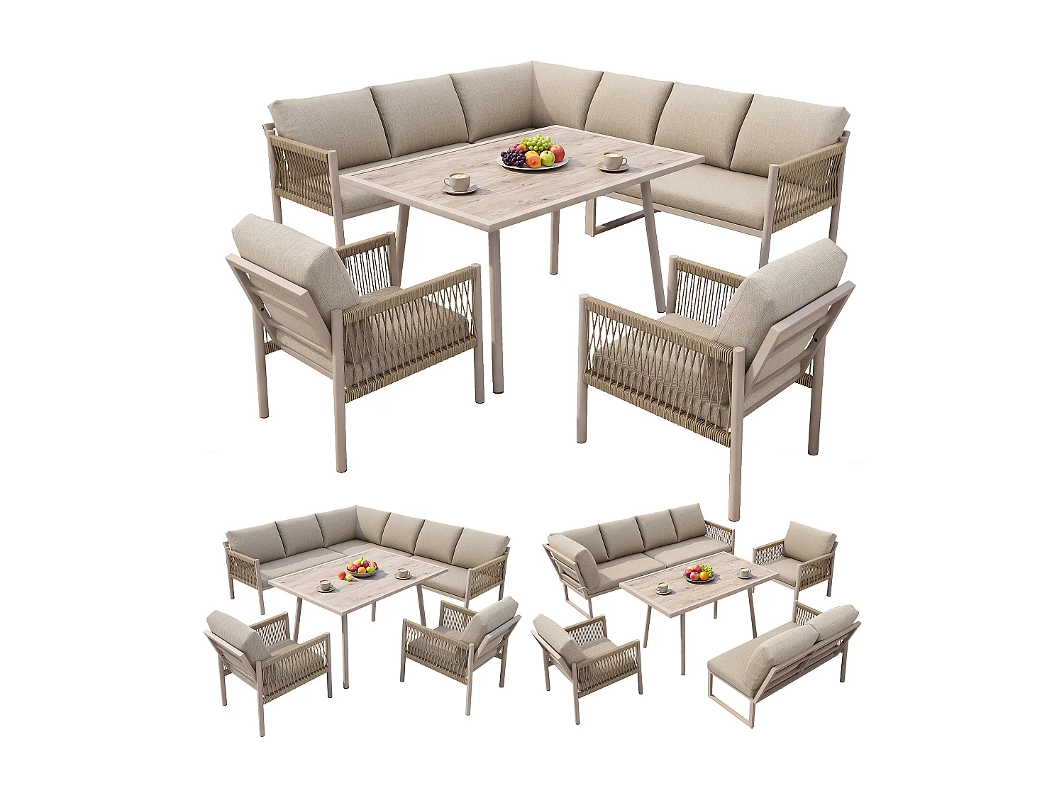 Ensemble salon de jardin 7-8 places - avec canapé d'angle + table + 2 fauteuils tressés à la main - métal - beige