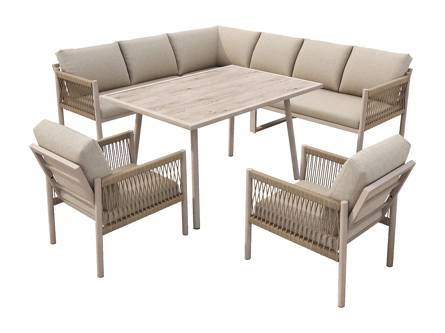 Ensemble salon de jardin 7-8 places - avec canapé d'angle + table + 2 fauteuils tressés à la main - métal - beige