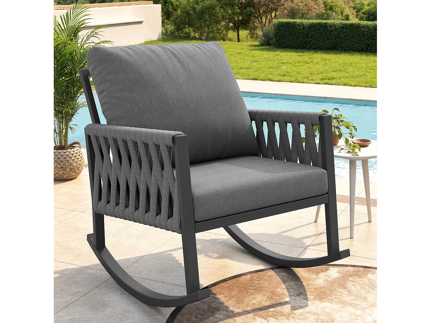 Fotel bujany ogrodowy - 65 x 79 x 78 cm - metalowa rama - z poduszkami - metal - szary