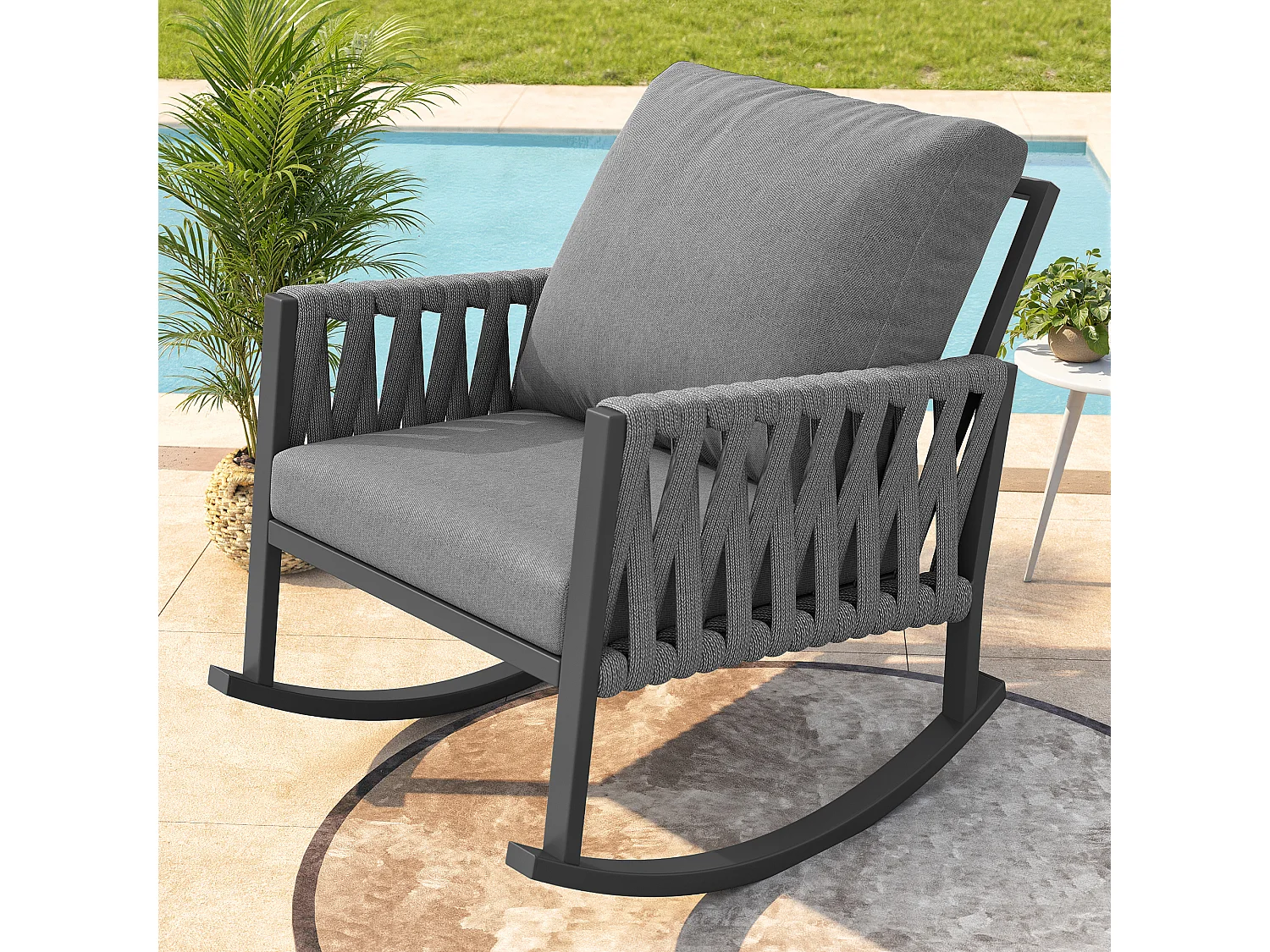 Fotel bujany ogrodowy - 65 x 79 x 78 cm - metalowa rama - z poduszkami - metal - szary