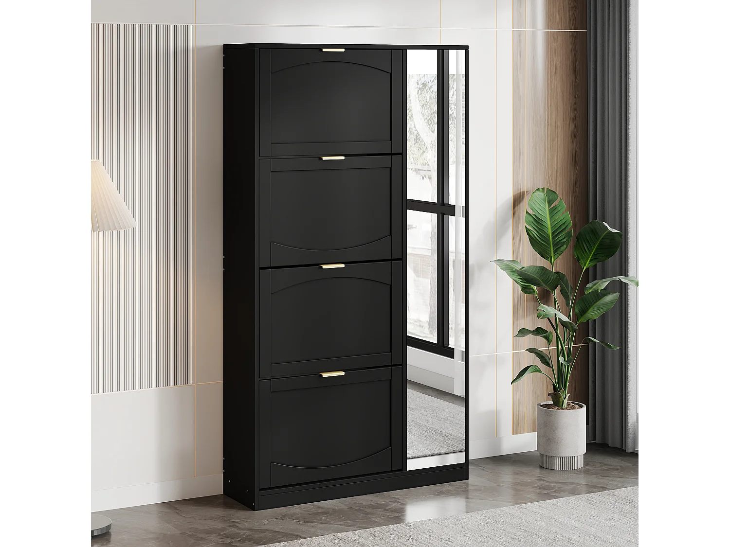 Meuble à chaussures haut moderne - 80 x 24 x 147 cm - avec miroir + 4 compartiments de rangement rabattables - aggloméré - noir