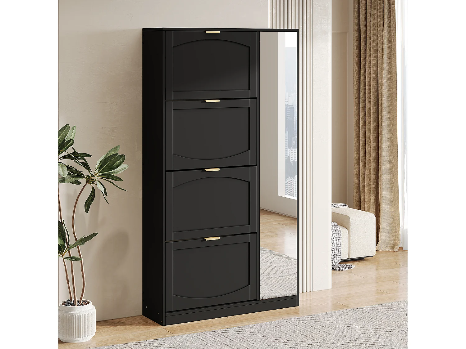 Meuble à chaussures haut moderne - 80 x 24 x 147 cm - avec miroir + 4 compartiments de rangement rabattables - aggloméré - noir