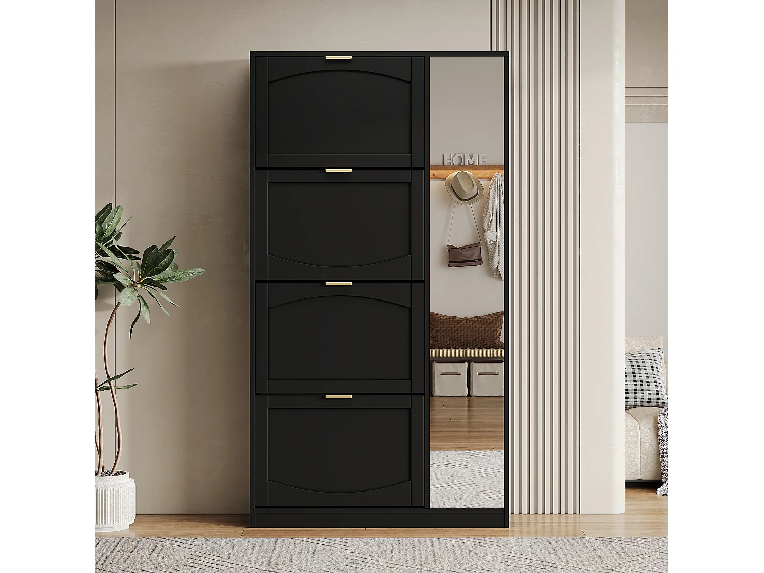 Meuble à chaussures haut moderne - 80 x 24 x 147 cm - avec miroir + 4 compartiments de rangement rabattables - aggloméré - noir