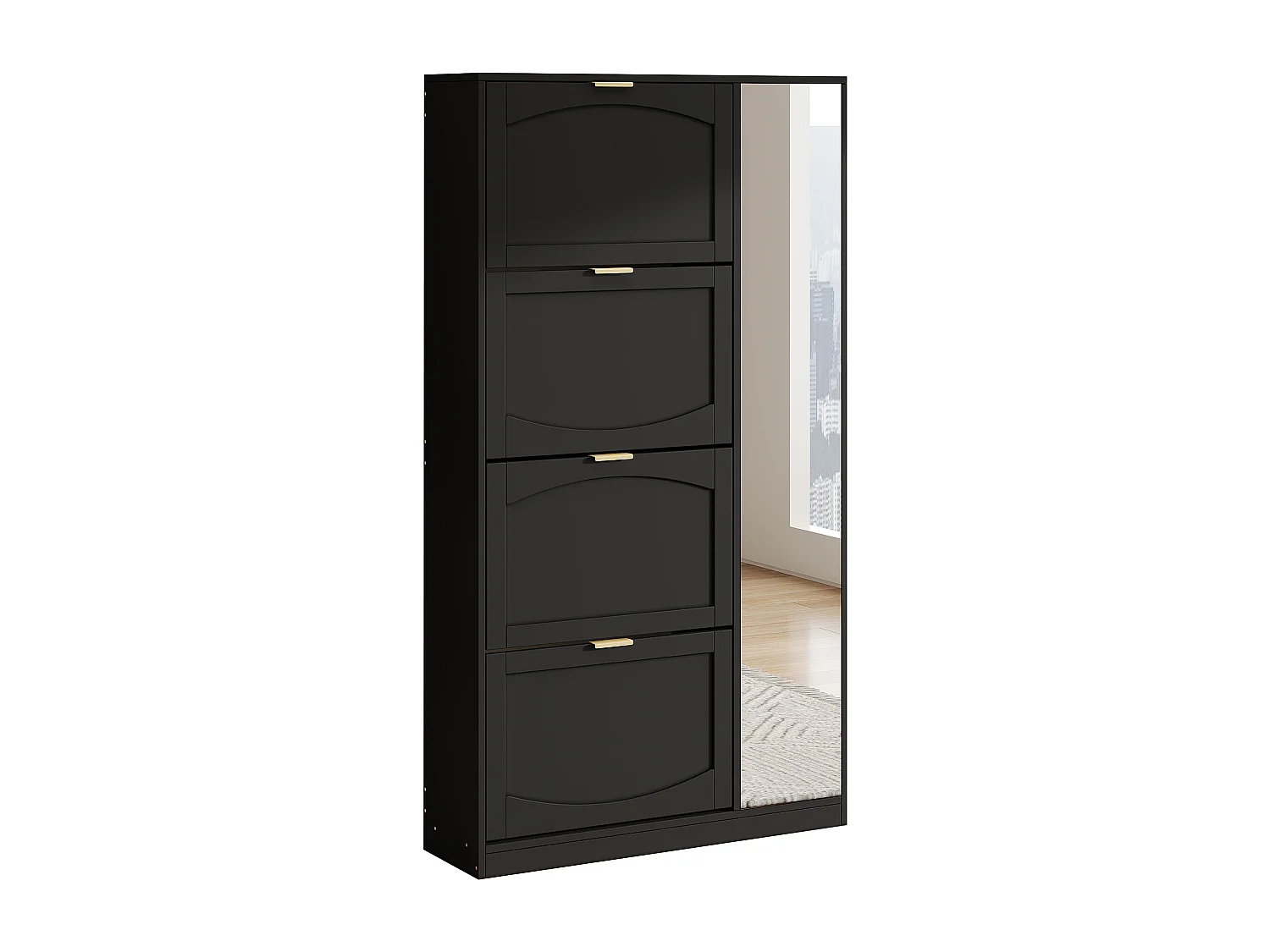 Meuble à chaussures haut moderne - 80 x 24 x 147 cm - avec miroir + 4 compartiments de rangement rabattables - aggloméré - noir