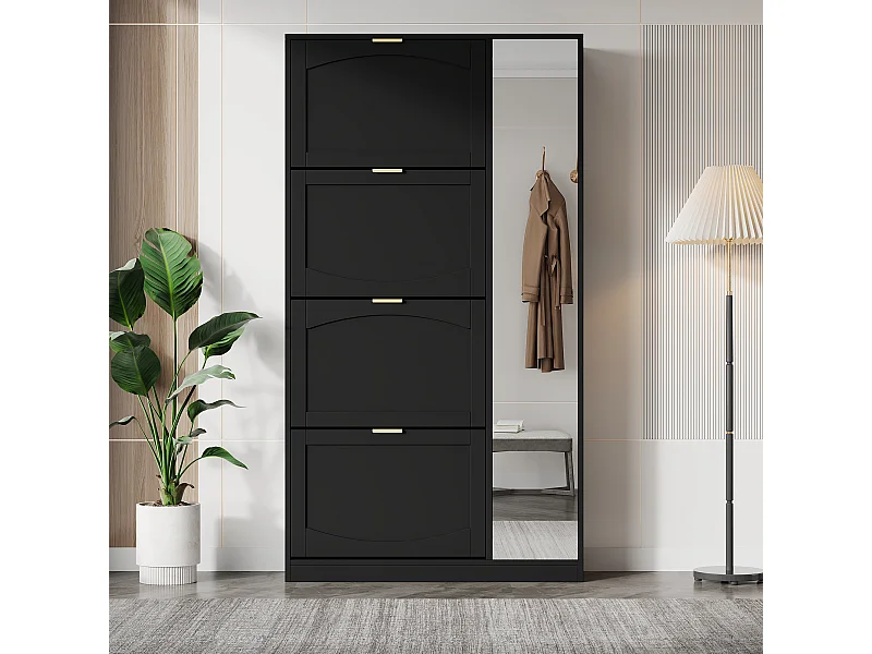 Meuble à chaussures haut moderne - 80 x 24 x 147 cm - avec miroir + 4 compartiments de rangement rabattables - aggloméré - noir