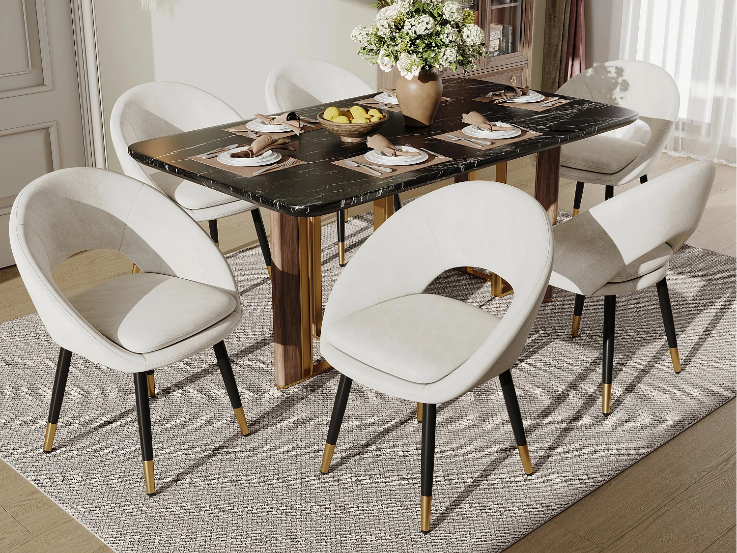 Lote de 6 cadeiras - Com encosto ergonómico - Estilo moderno - Tecido de veludo - Bege