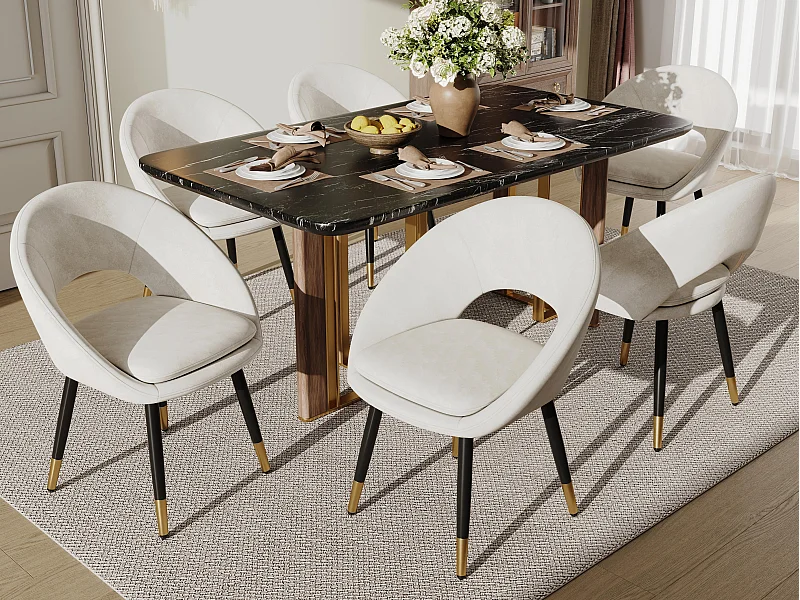 Lote de 6 cadeiras - Com encosto ergonómico - Estilo moderno - Tecido de veludo - Bege