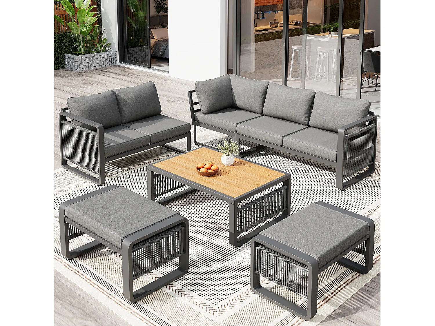 Gartenmöbelset für 6-7 Personen – bestehend aus Sofa, Tisch, 2 Hockern sowie Sitz- und Rückenkissen – Metall – grau