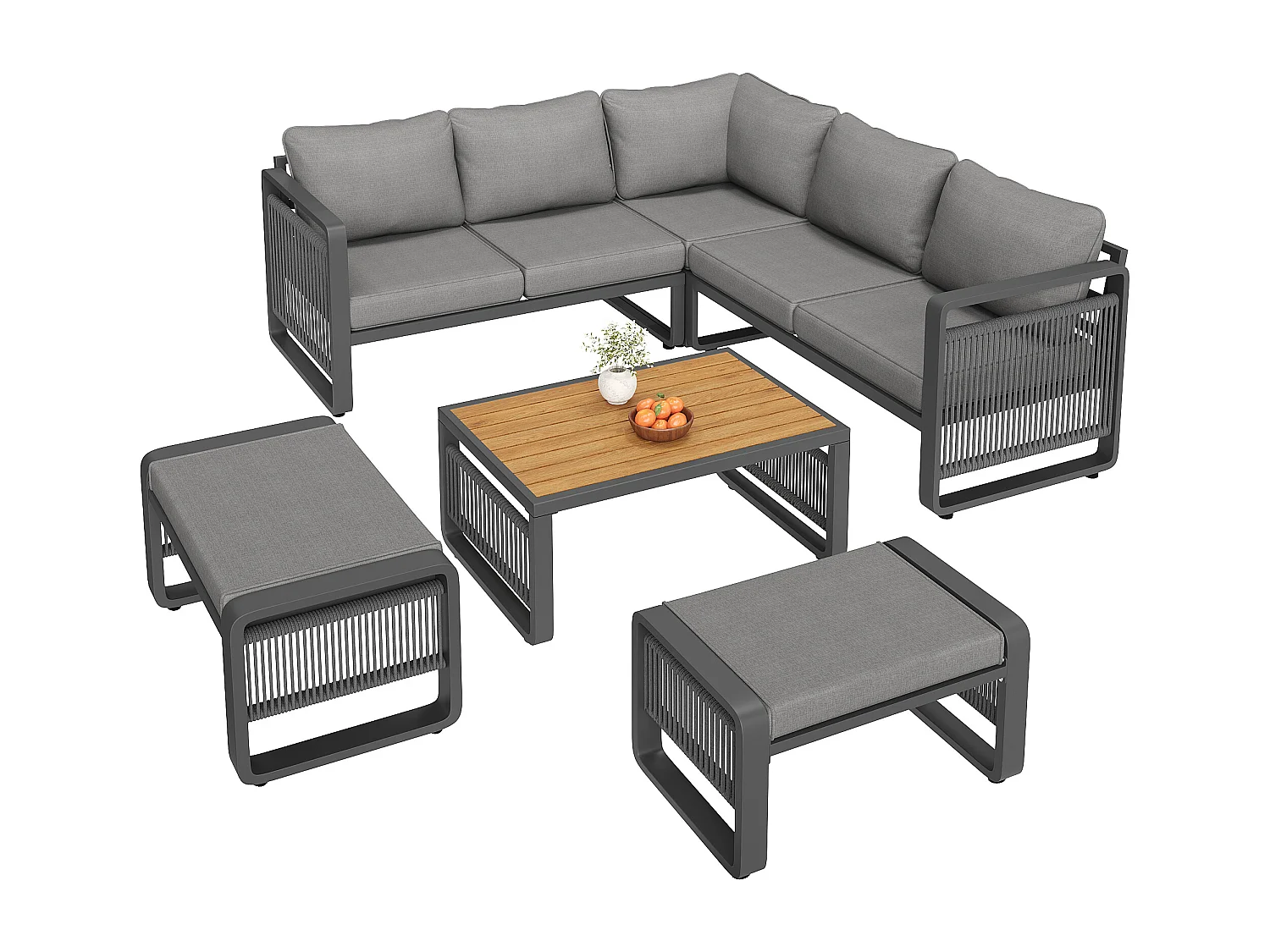 Gartenmöbelset für 6-7 Personen – bestehend aus Sofa, Tisch, 2 Hockern sowie Sitz- und Rückenkissen – Metall – grau