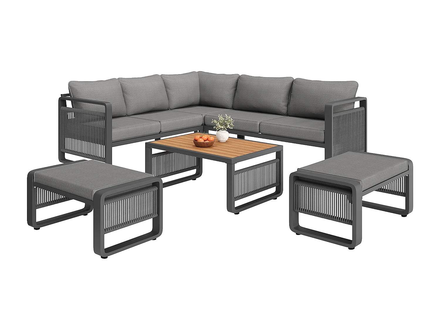 Gartenmöbelset für 6-7 Personen – bestehend aus Sofa, Tisch, 2 Hockern sowie Sitz- und Rückenkissen – Metall – grau