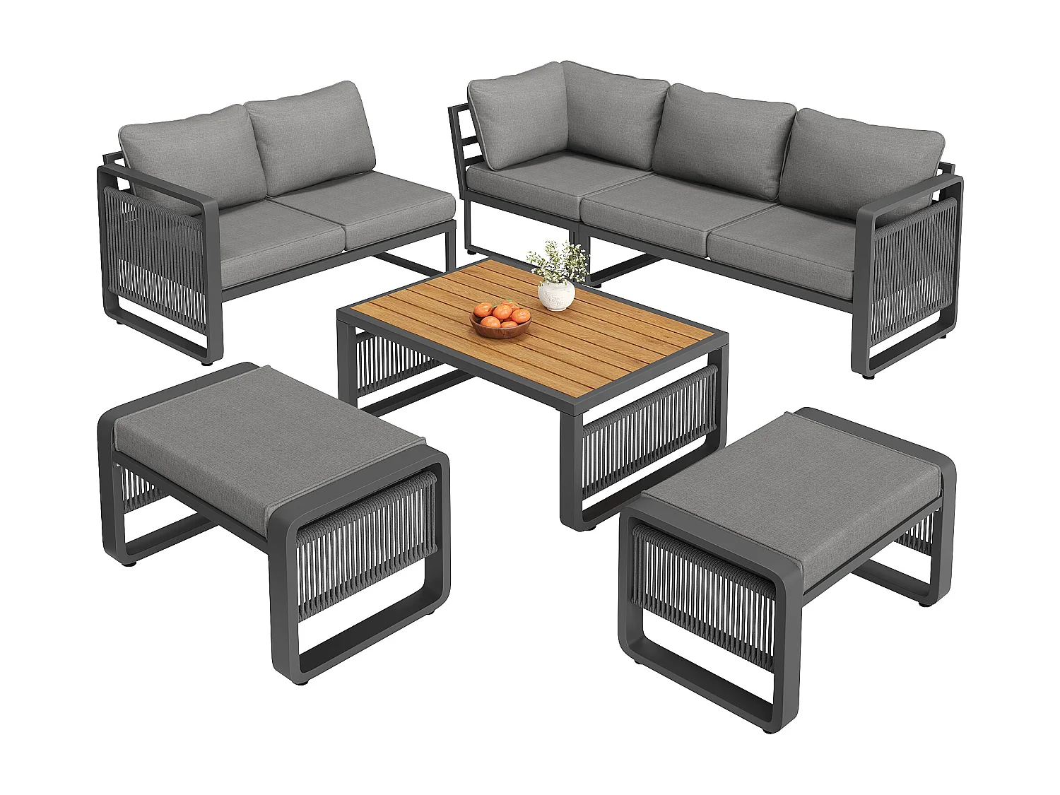 Gartenmöbelset für 6-7 Personen – bestehend aus Sofa, Tisch, 2 Hockern sowie Sitz- und Rückenkissen – Metall – grau