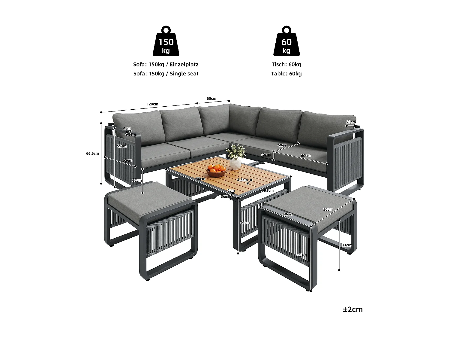 Gartenmöbelset für 6-7 Personen – bestehend aus Sofa, Tisch, 2 Hockern sowie Sitz- und Rückenkissen – Metall – grau