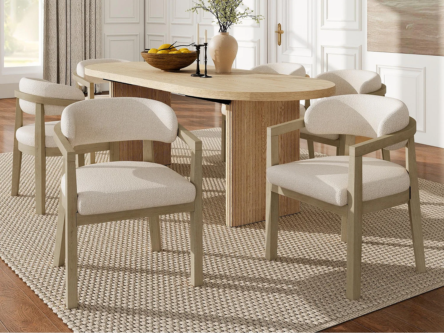 Lote de 6 cadeiras de madeira maciça - Encosto curvo - Com apoio de braços - Revestimento em veludo bouclé - Natural