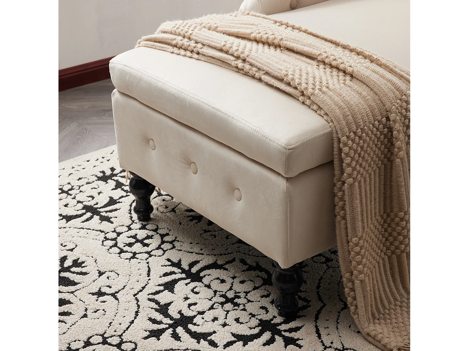 Kanapa 1-osobowa z weluru - z miejscem do przechowywania - prawy podłokietnik - Pikowana meridiana z poduszką - Nogi drewniane - Beżowy