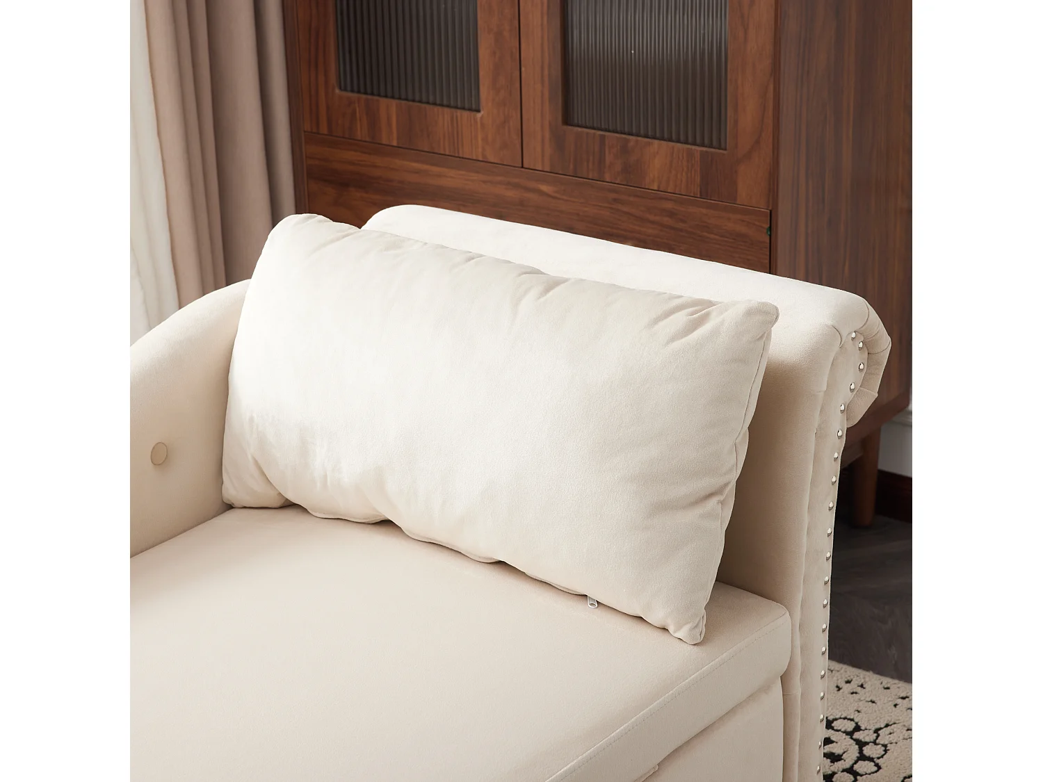 Kanapa 1-osobowa z weluru - z miejscem do przechowywania - prawy podłokietnik - Pikowana meridiana z poduszką - Nogi drewniane - Beżowy