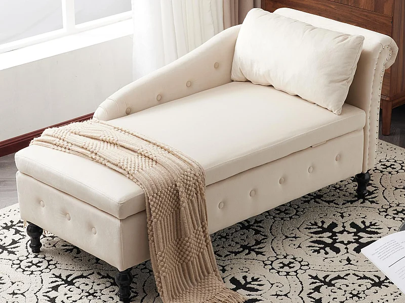 Kanapa 1-osobowa z weluru - z miejscem do przechowywania - prawy podłokietnik - Pikowana meridiana z poduszką - Nogi drewniane - Beżowy