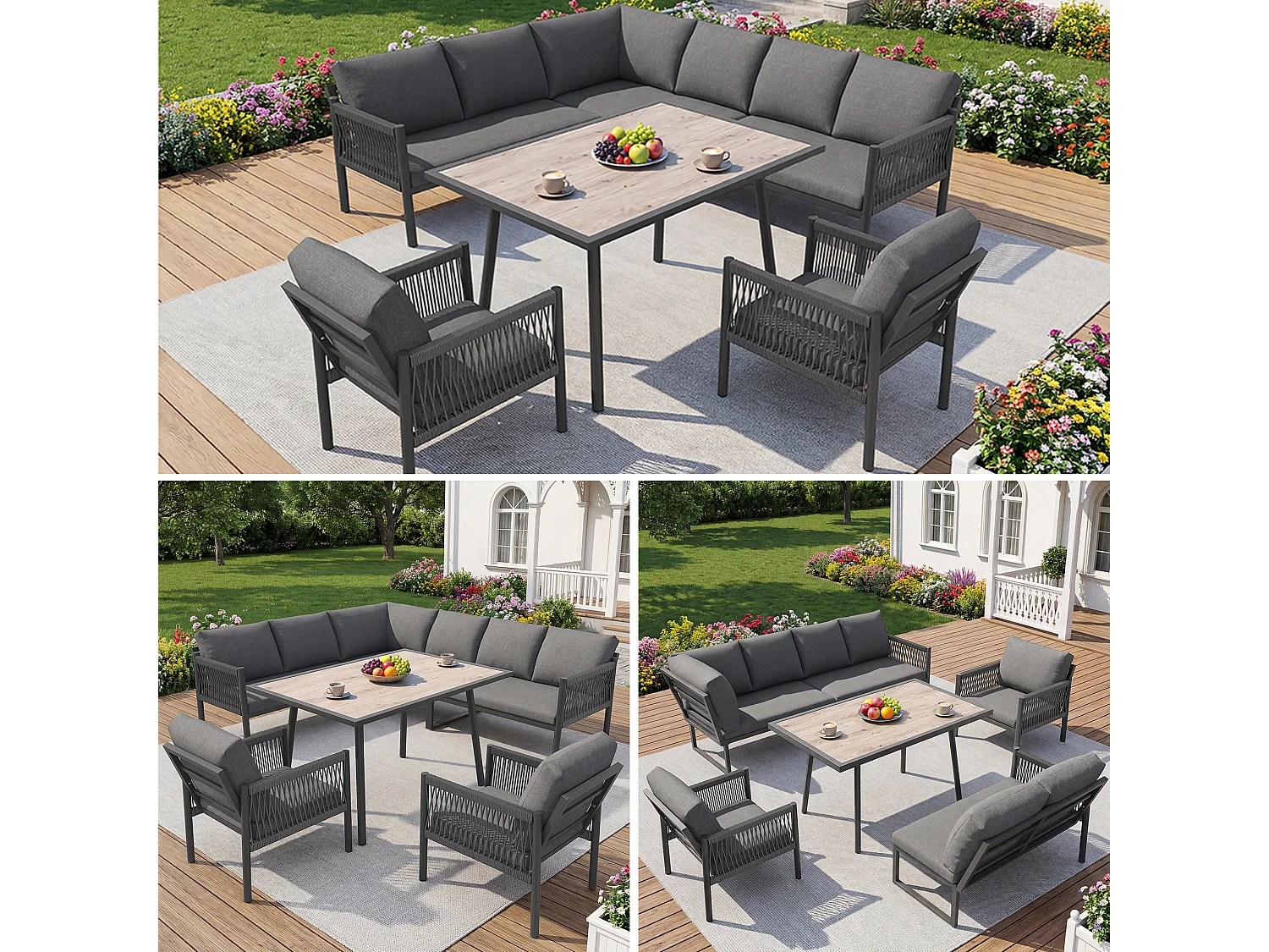 Ensemble salon de jardin 7-8 places - avec canapé d'angle + table + 2 fauteuils tressés à la main - métal - gris
