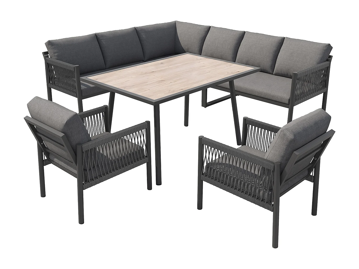 Ensemble salon de jardin 7-8 places - avec canapé d'angle + table + 2 fauteuils tressés à la main - métal - gris