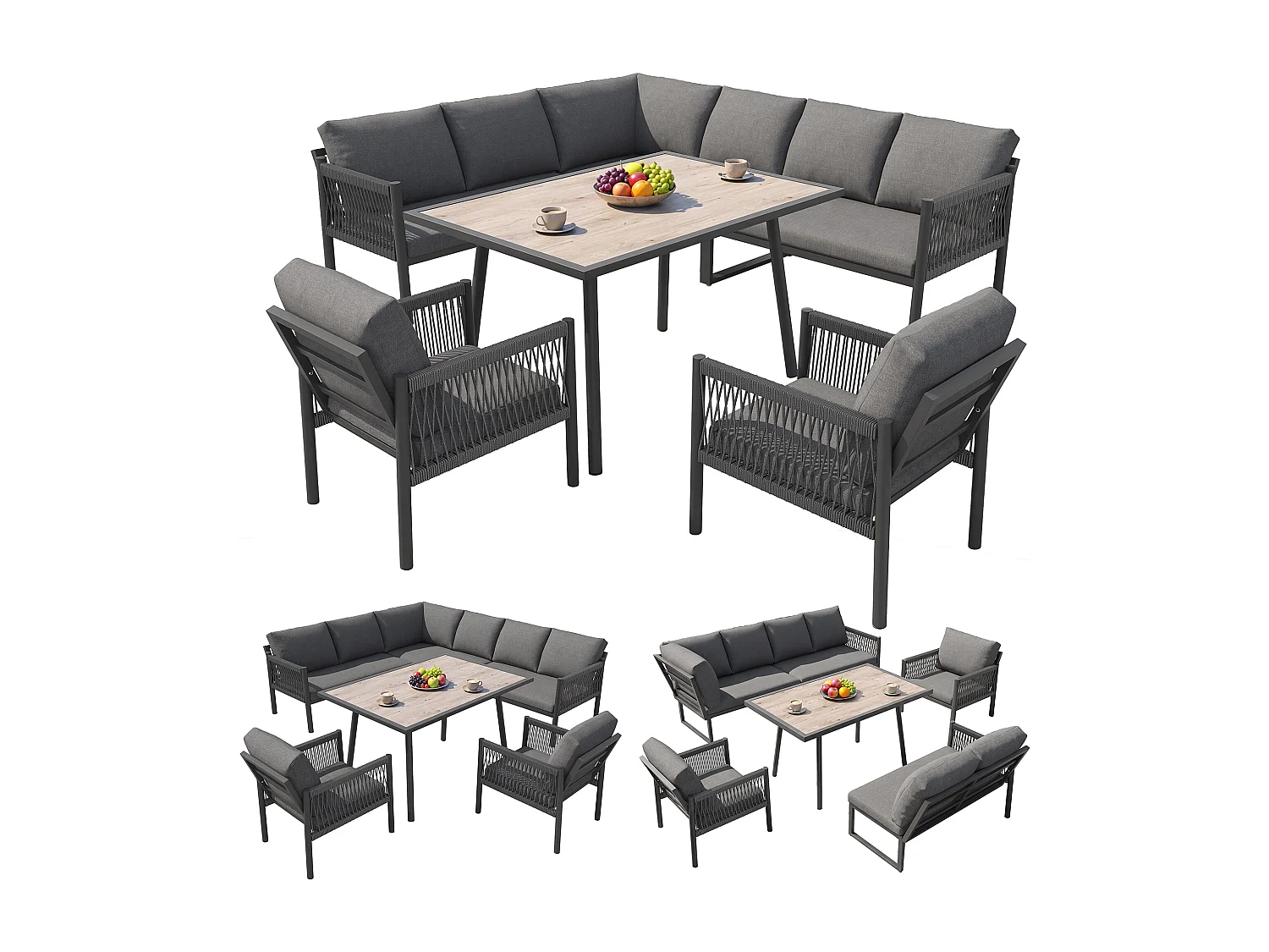 Ensemble salon de jardin 7-8 places - avec canapé d'angle + table + 2 fauteuils tressés à la main - métal - gris