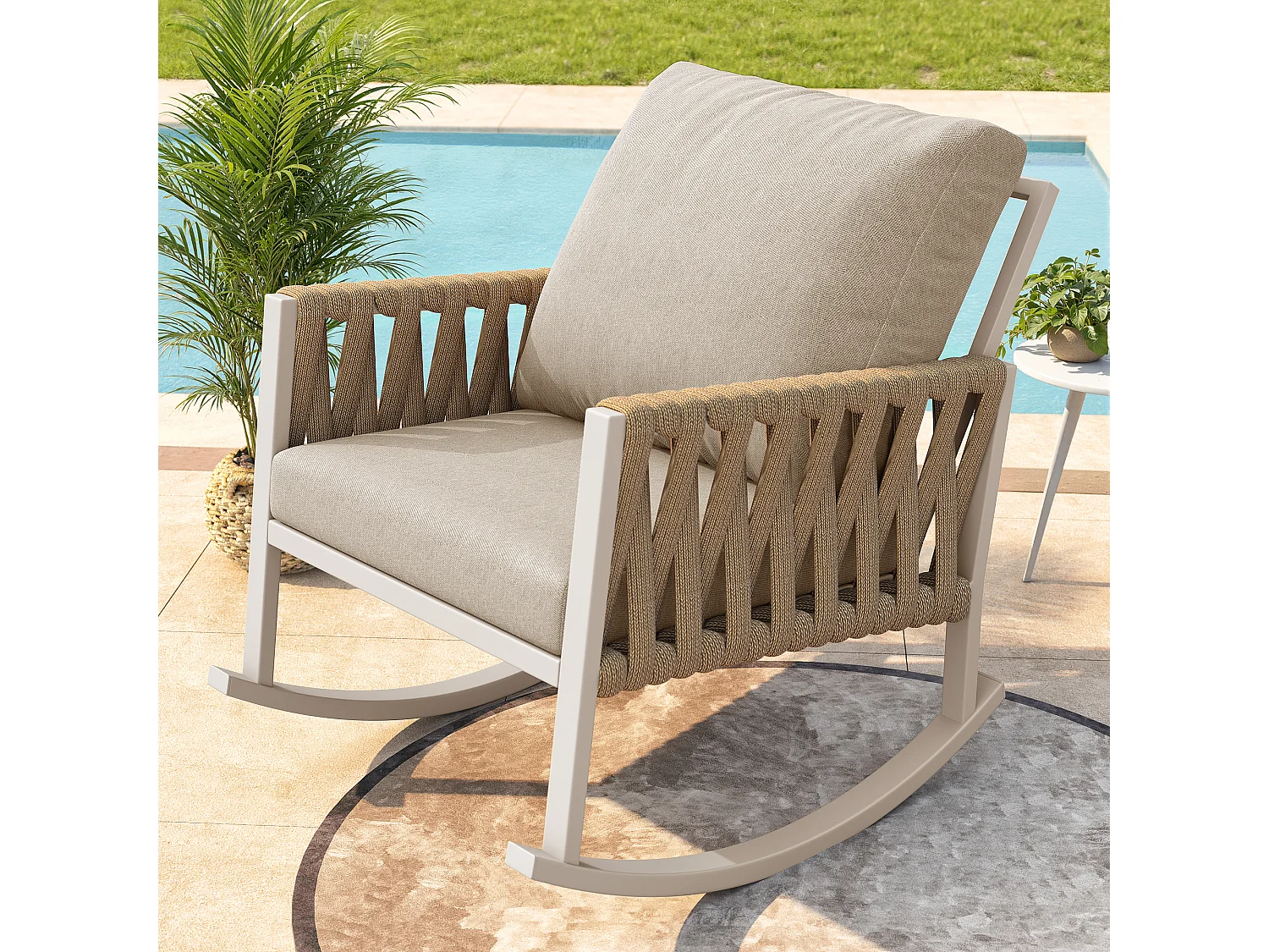 Fotel bujany ogrodowy - 65 x 79 x 78 cm - metalowa rama - z poduszkami - metal - beżowy