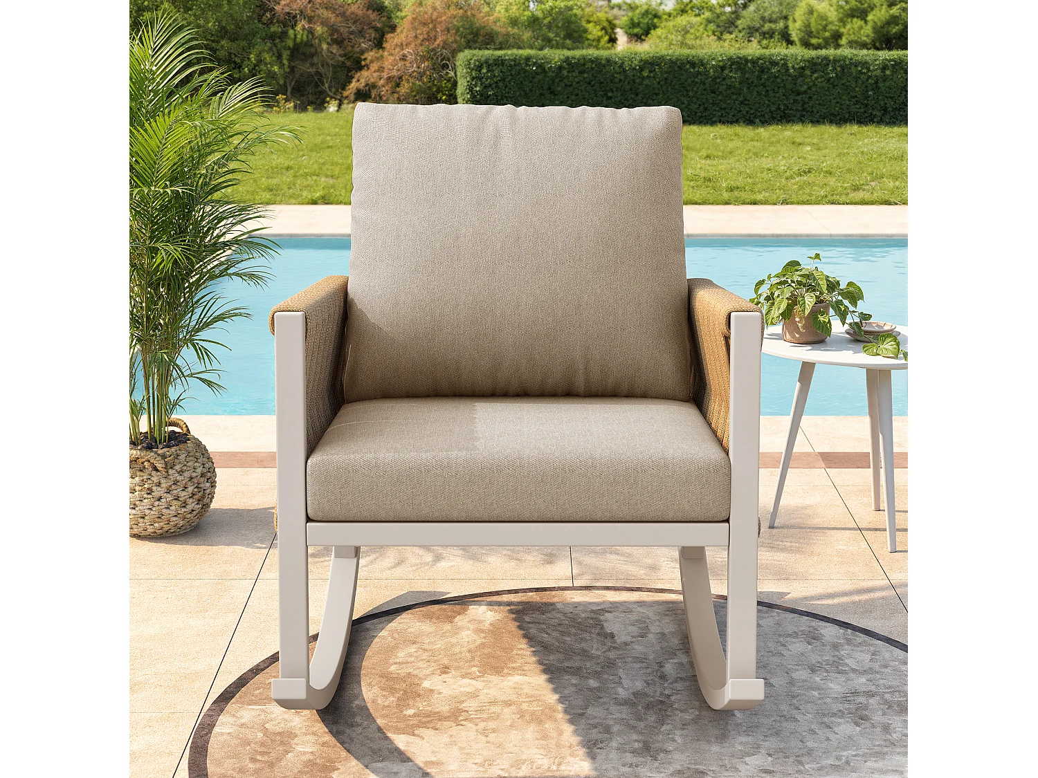 Fotel bujany ogrodowy - 65 x 79 x 78 cm - metalowa rama - z poduszkami - metal - beżowy