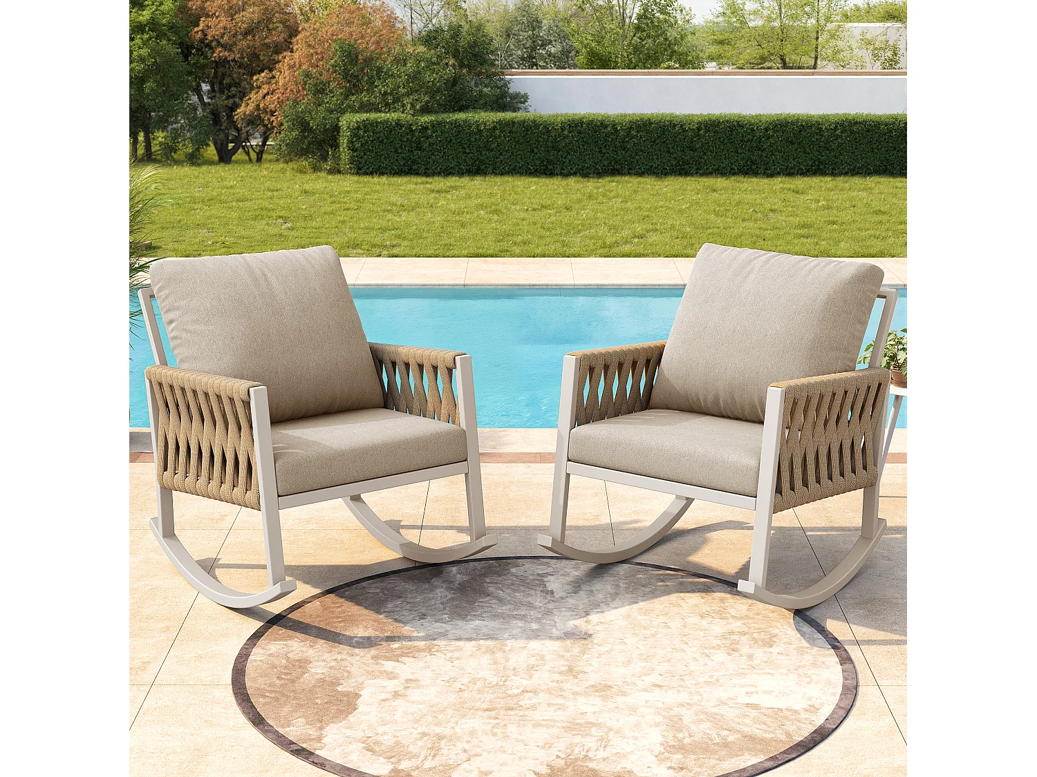 Fotel bujany ogrodowy - 65 x 79 x 78 cm - metalowa rama - z poduszkami - metal - beżowy