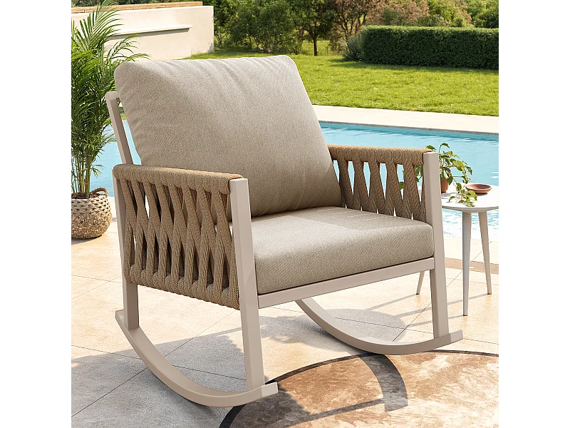 Fotel bujany ogrodowy - 65 x 79 x 78 cm - metalowa rama - z poduszkami - metal - beżowy