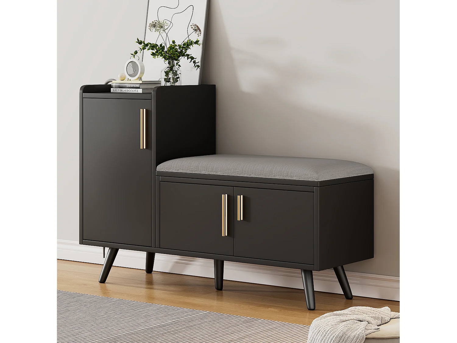 Banc à chaussures moderne - 100 x 34 x 68.5 cm - avec 3 portes et coussin - aggloméré - noir