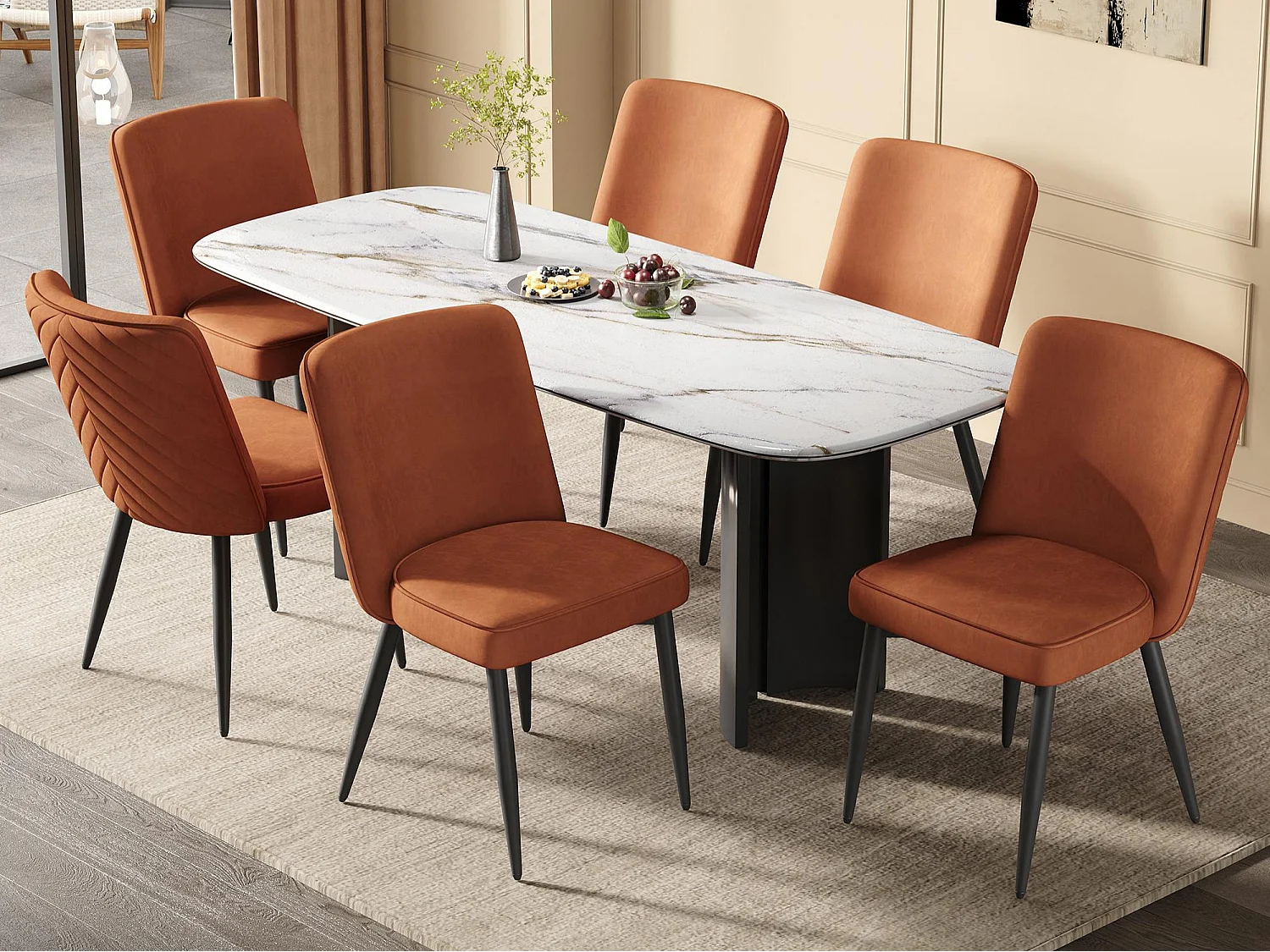 Kit di 6 sedie - Con schienali comodi - Stile moderno - Tessuto velluto - Arancione scuro